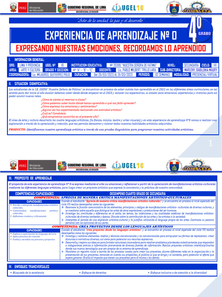Experiencia de Aprendizaje #0 Arte y Cultura 4° Grado A-B-C 2023 | PDF ...