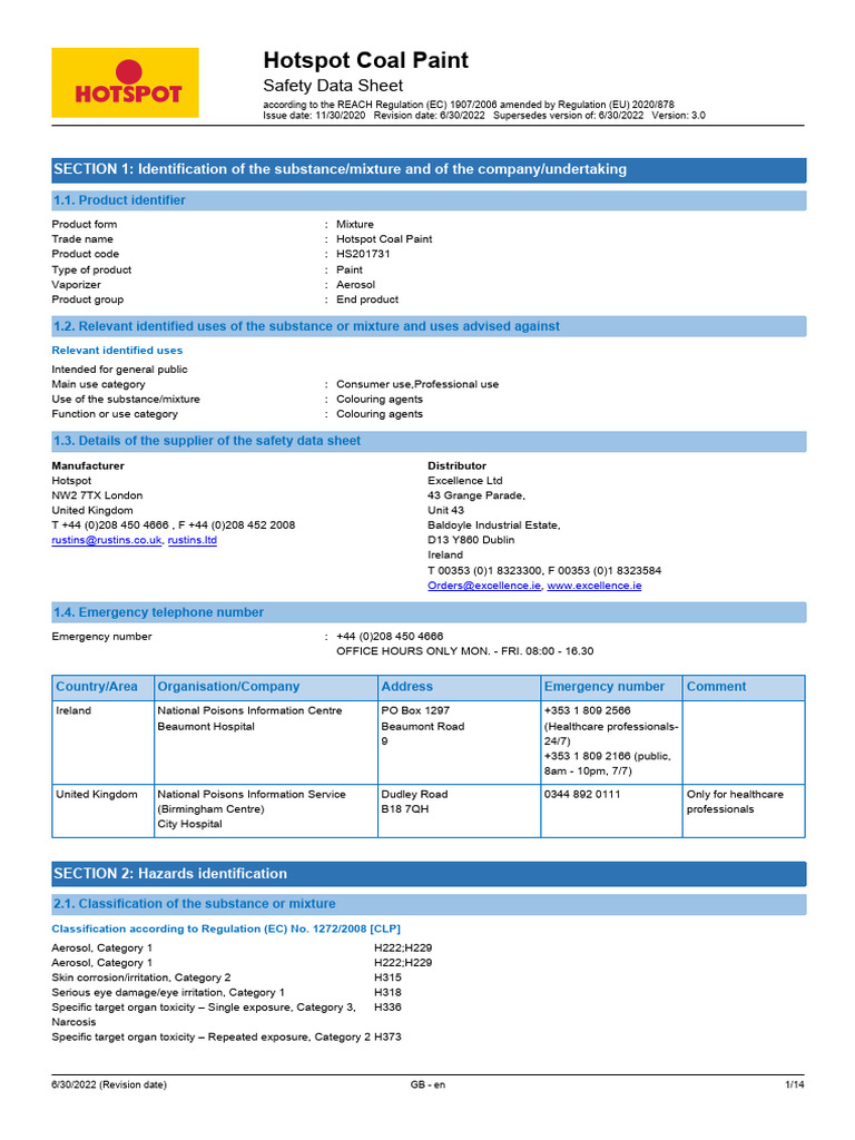 Hotspot Coal Paint Safety Data Sheet | PDF | Toxicity | Dangerous Goods