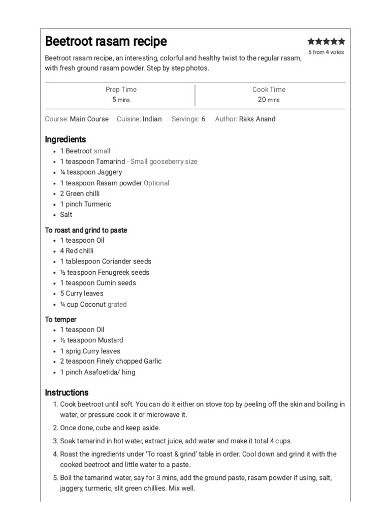 Beetroot Rasam Recipe - Raks Kitchen | PDF