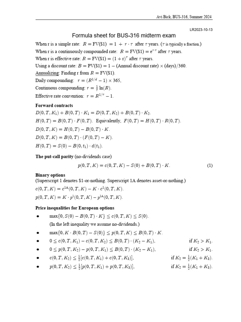 BUS-316 Midterm Exam Formula Sheet | PDF
