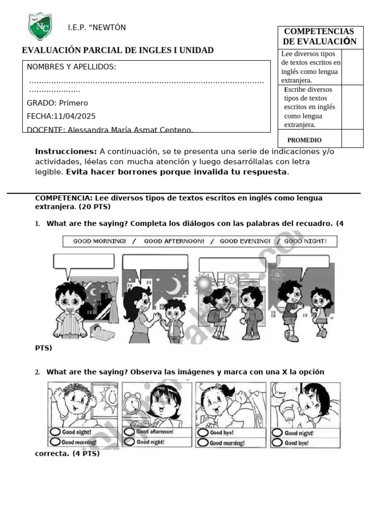 Evaluación Parcial de Inglés 1ero Sec | PDF