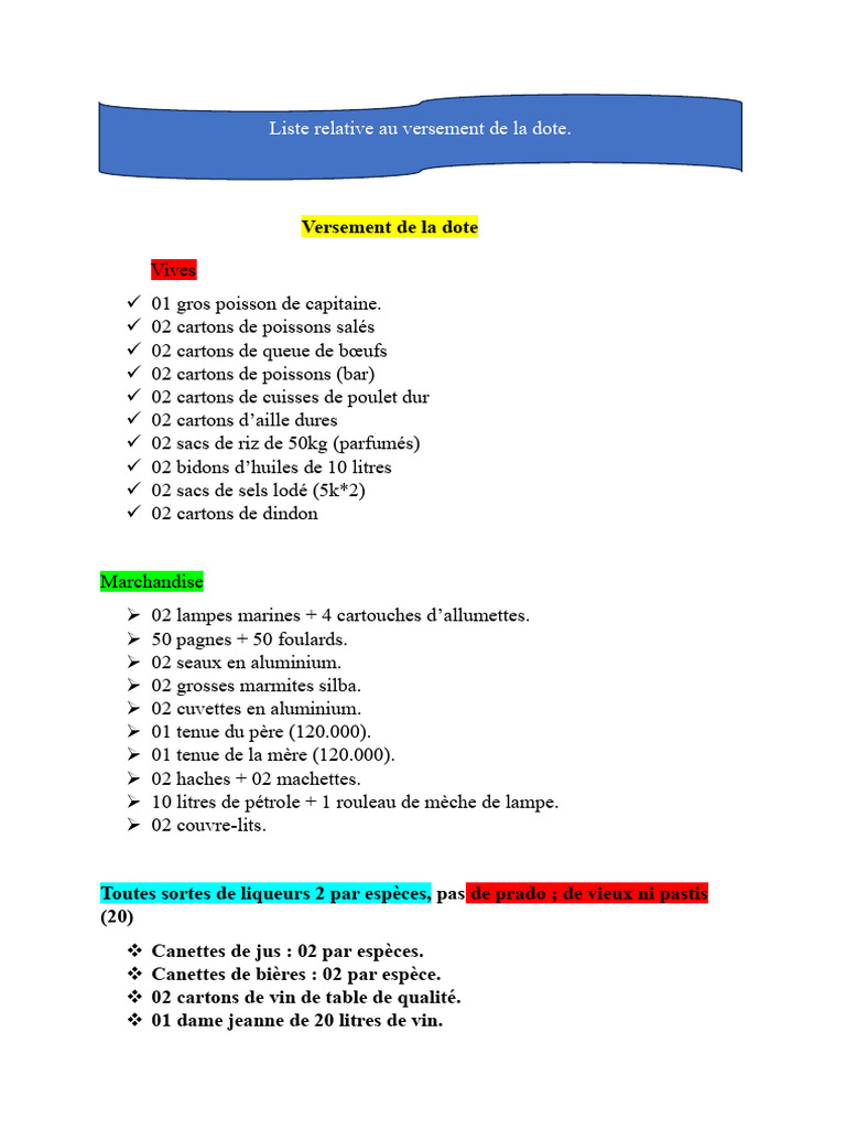 Liste de versement de la dote | PDF