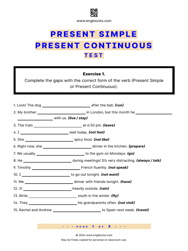Present Simple Vs Present Continuous Test PDF | PDF | Grammar ...