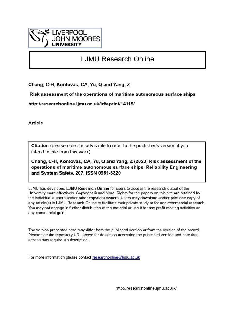 Risk Assessment of The Operations of Maritime Autonomous Surface Ships ...