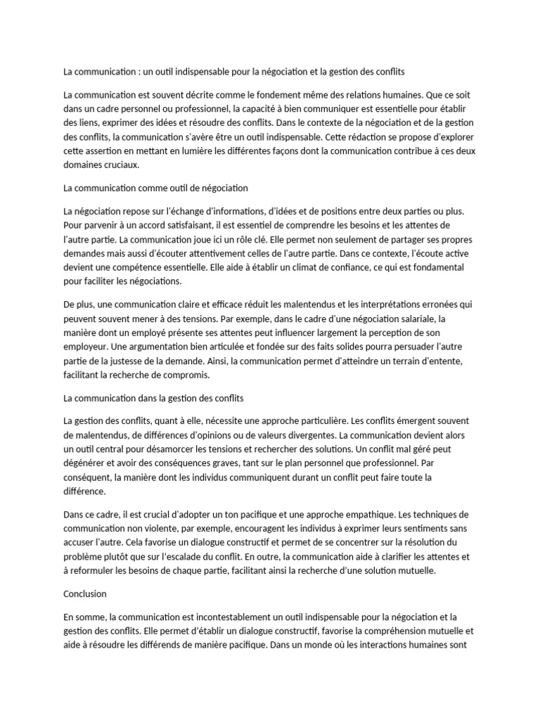 Communication : Clé de Négociation et Conflits | PDF | la communication ...