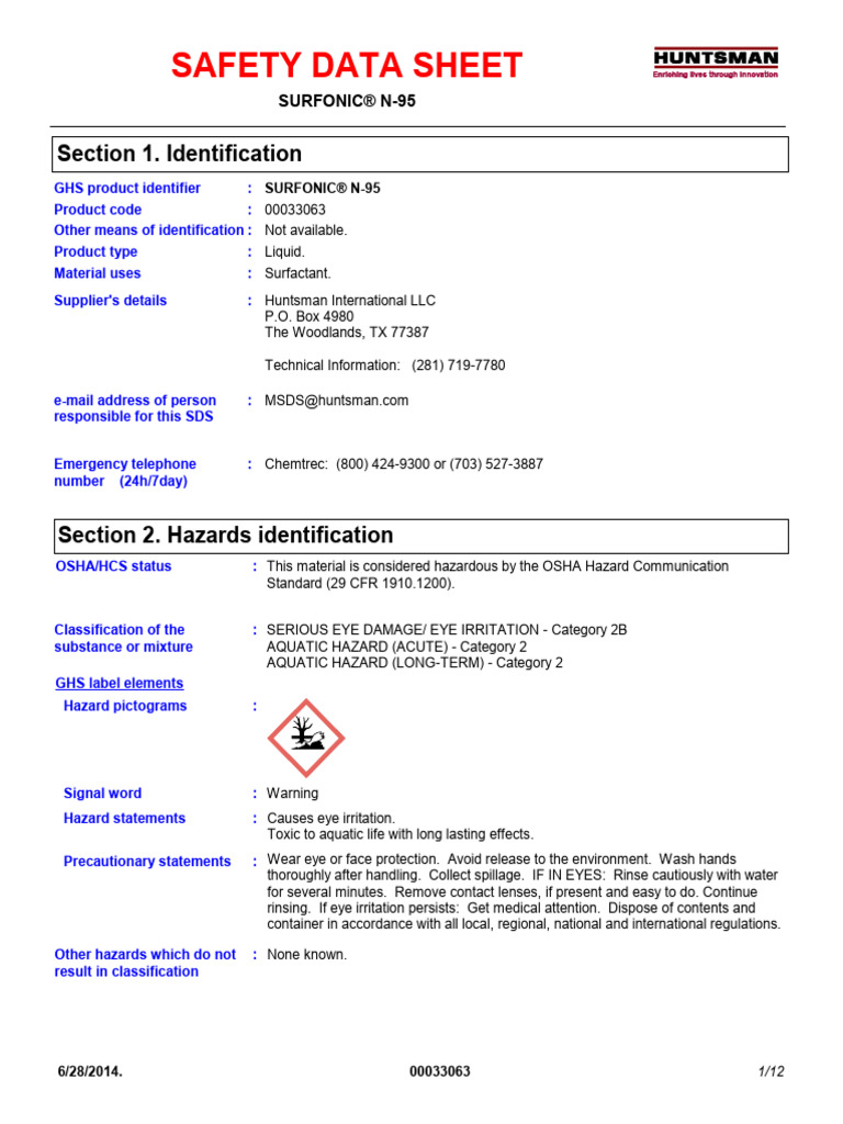 Safety Data Sheet for SURFONIC® N-95 | PDF | Toxicity | Occupational ...