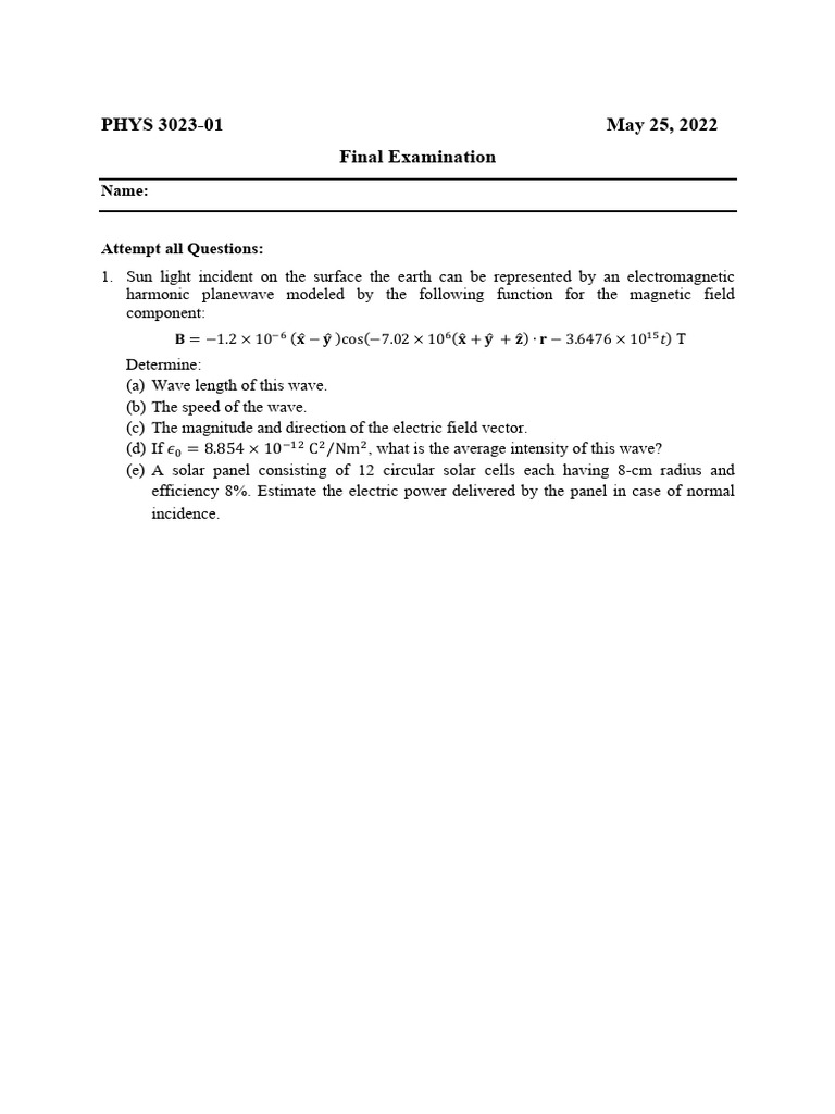 Physics 3023 Final Exam Review | PDF | Magnetic Field | Electromagnetic ...