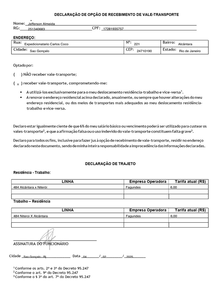 Opção de Recebimento de Vale-Transporte | PDF