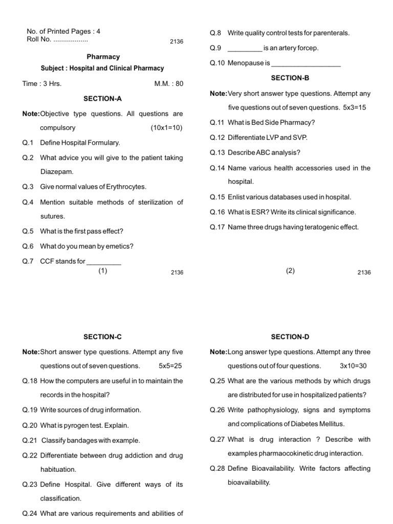 Hospital Pharmacy Exam Questions Guide | PDF | Pharmacy | Health Care
