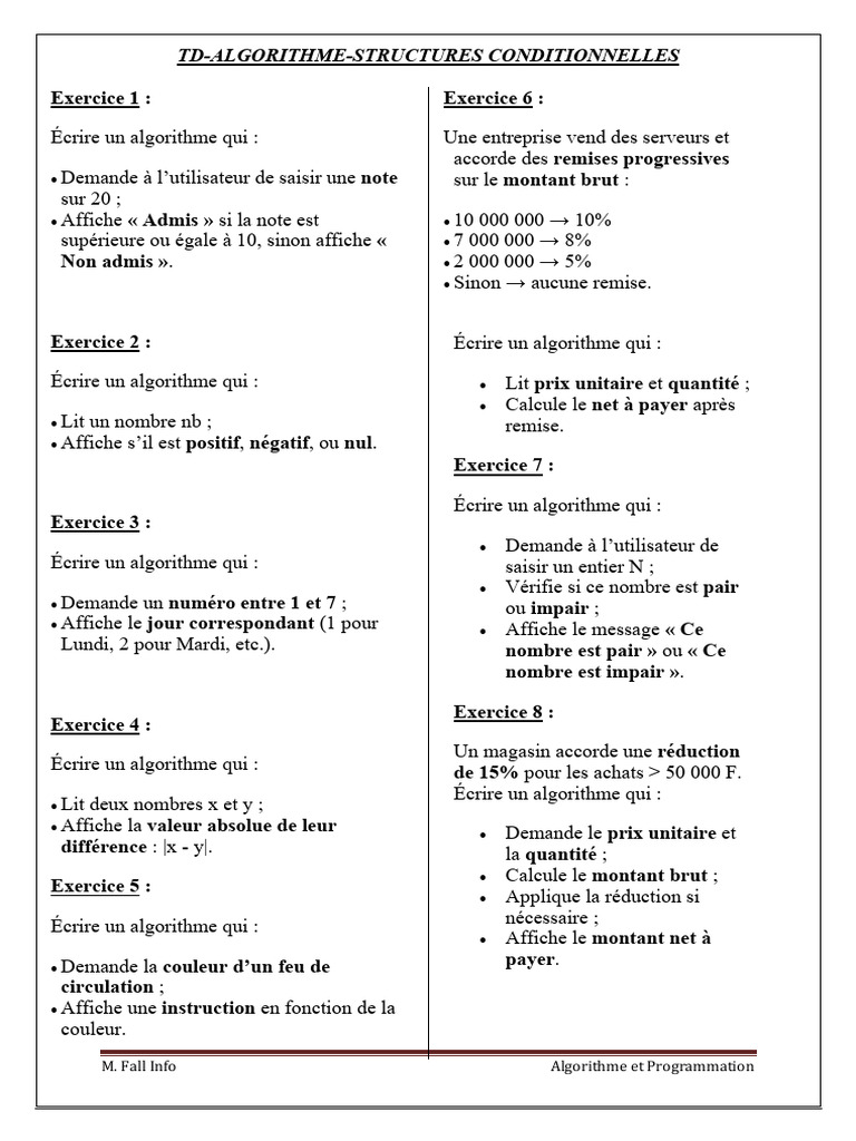 Algorithmes de Programmation en TD 2023 | PDF