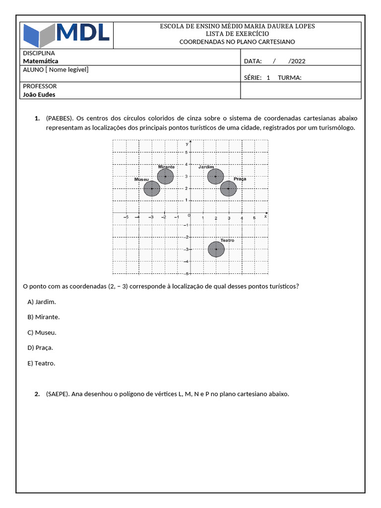 Exercícios sobre Coordenadas Cartesianas | PDF | Sistema de coordenada ...