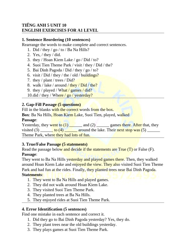 English A1 Unit 10 Exercises | PDF