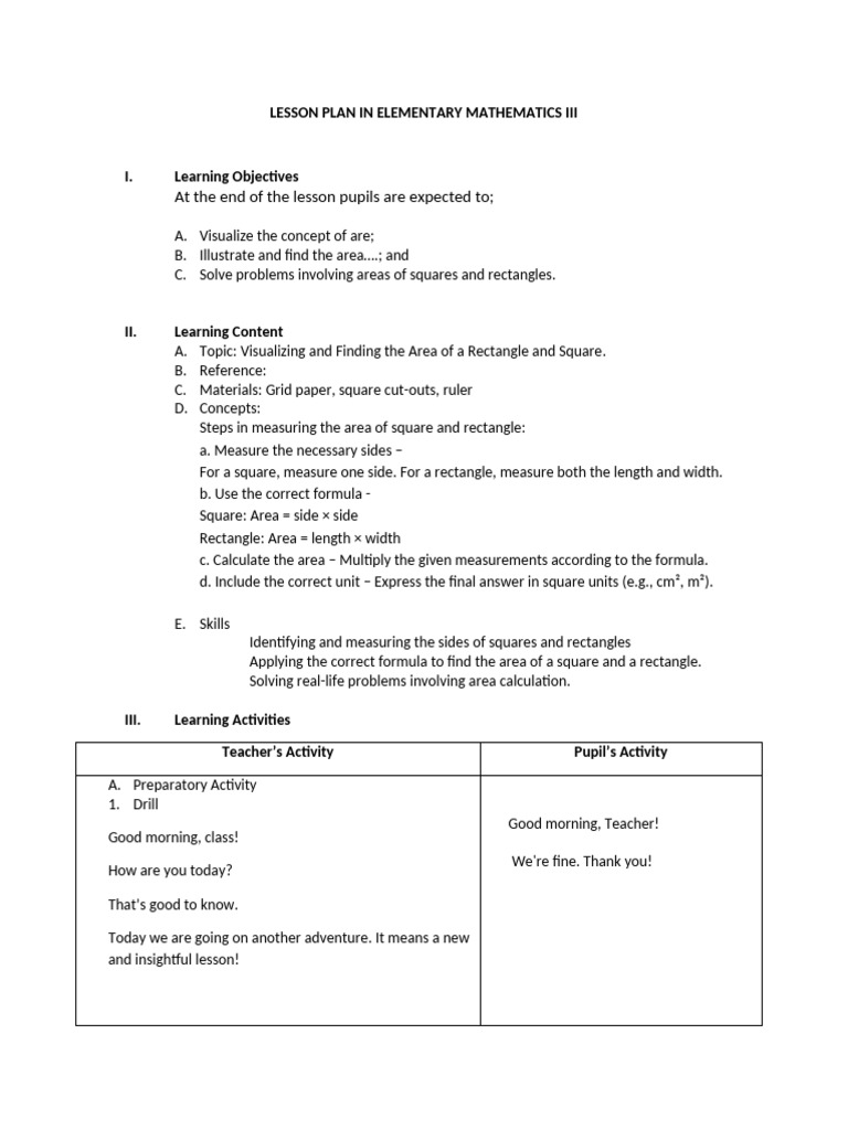 Area Measurement Lesson Plan | PDF | Area | Length
