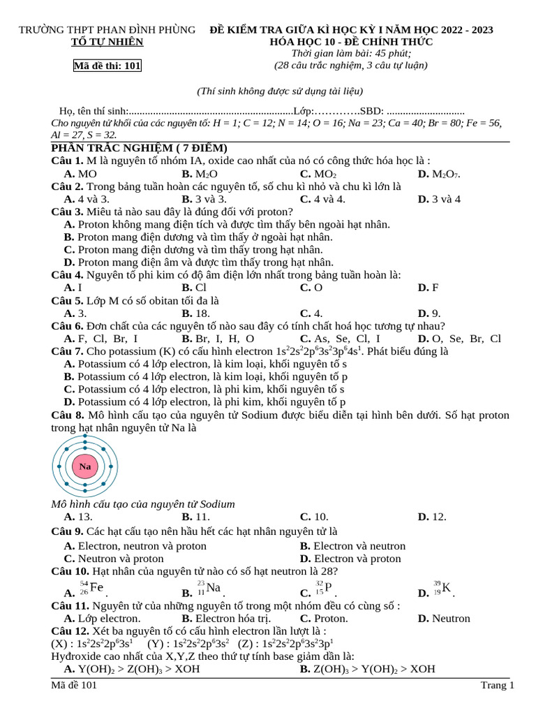 Nguyệt Quế - Hóa 10 đề giữa kì 1 - Ma - de - 101 | PDF