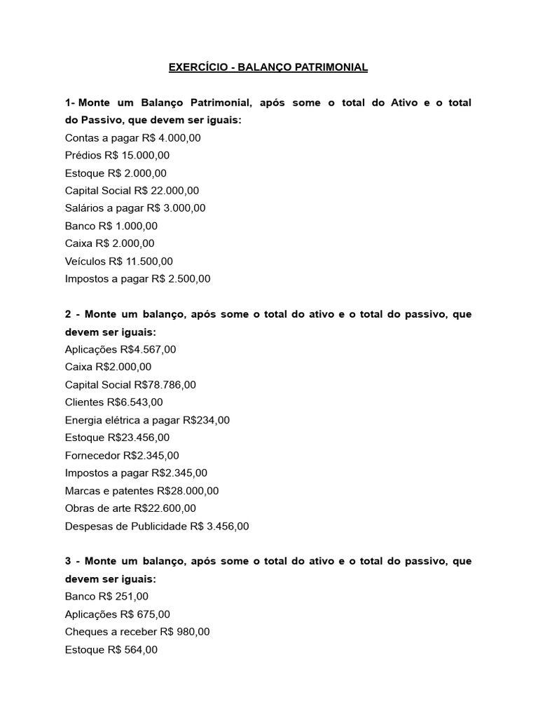 Exercícios de Balanço Patrimonial | PDF