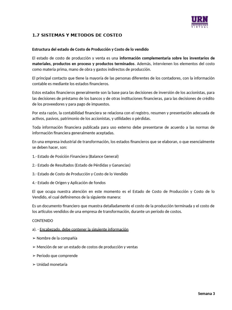 1.7 Sistemas y Métodos de Costeo | PDF | Estado financiero | Costo