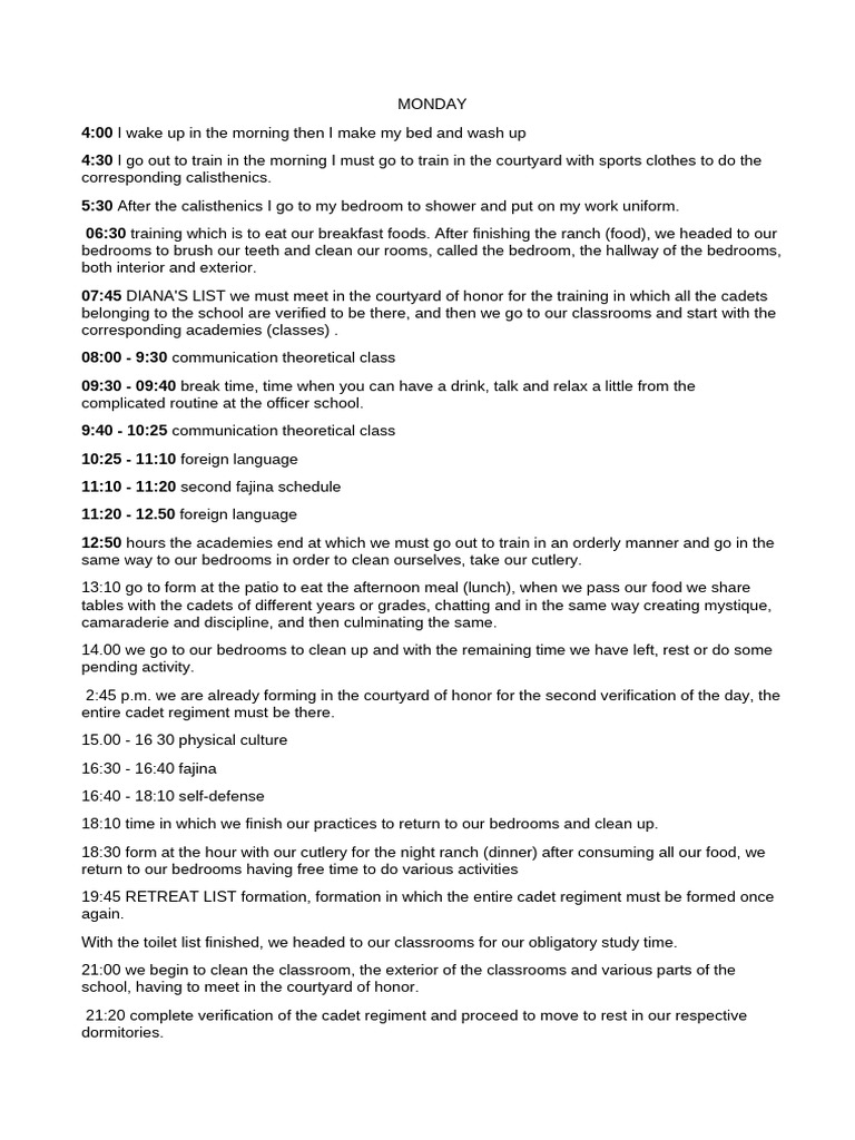 Daily Routine of Cadet Training Schedule | PDF