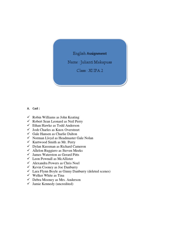 Dead Poets Society Cast and Synopsis | PDF