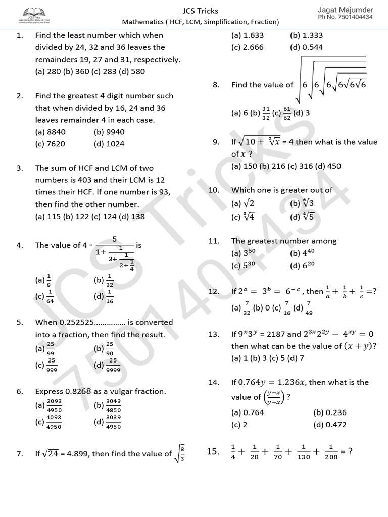 HCF and LCM Problems for Class 6 | PDF | Discrete Mathematics | Number ...