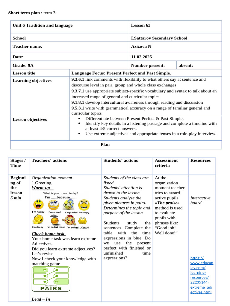 Lesson Plan: Present Perfect vs Past Simple | PDF | Perfect (Grammar ...