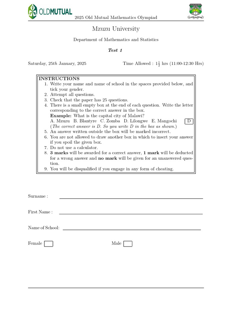 2025 Old Mutual Math Olympiad Paper | PDF | Square Root | Mathematics