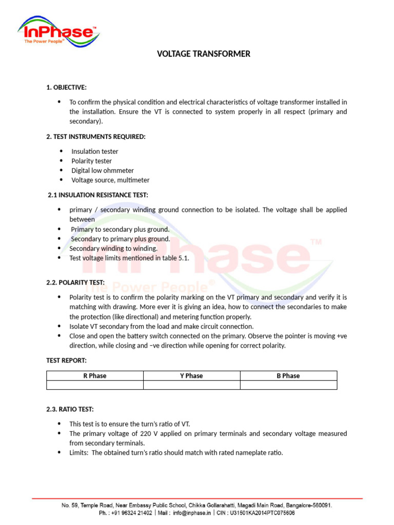 Voltage Transformer Testing Procedure | PDF
