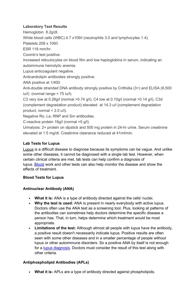 Laboratory Test Results Blood PDF Systemic Lupus Erythematosus C