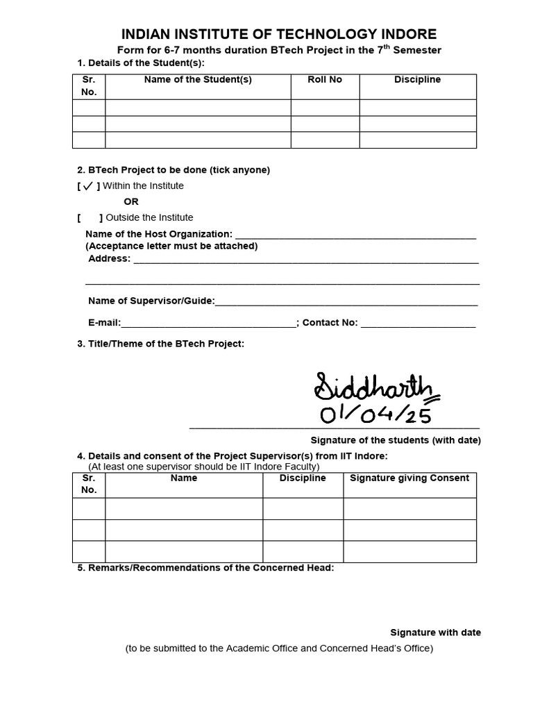 BTech Project Form for IIT Indore | PDF