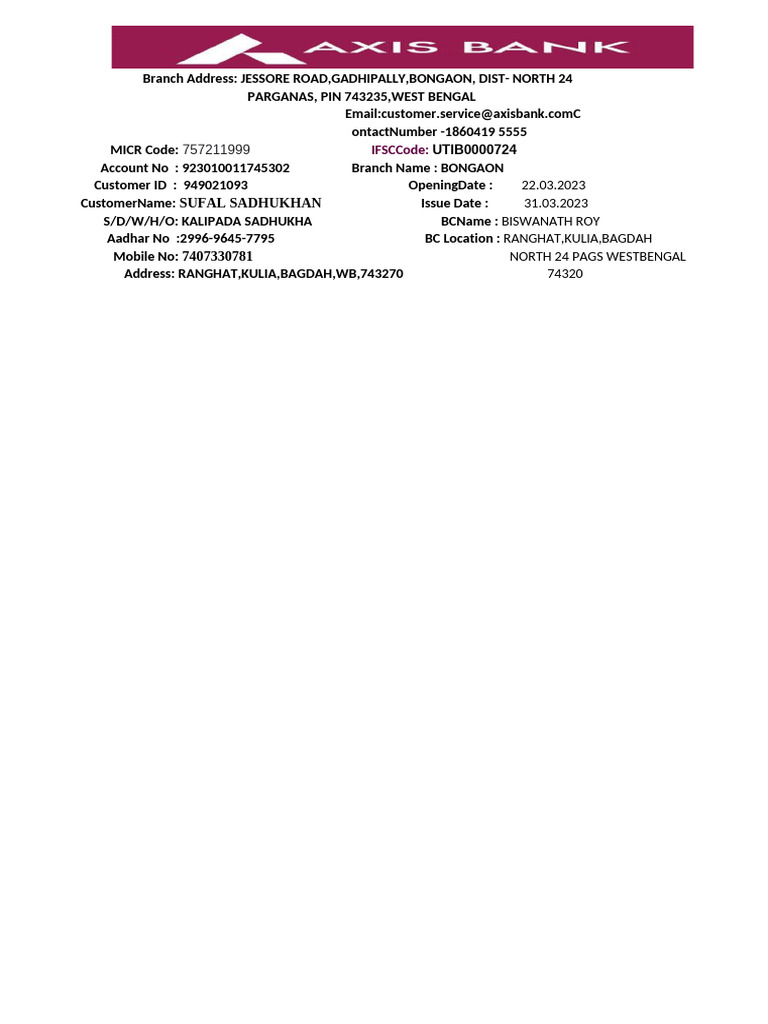 Bongaon Branch Details - Axis Bank | PDF