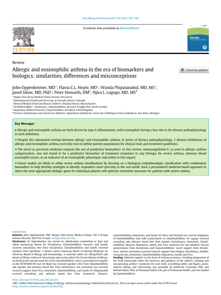 Allergic and Eosinophilic Asthma in The Era of Bio | PDF | Allergy | Asthma