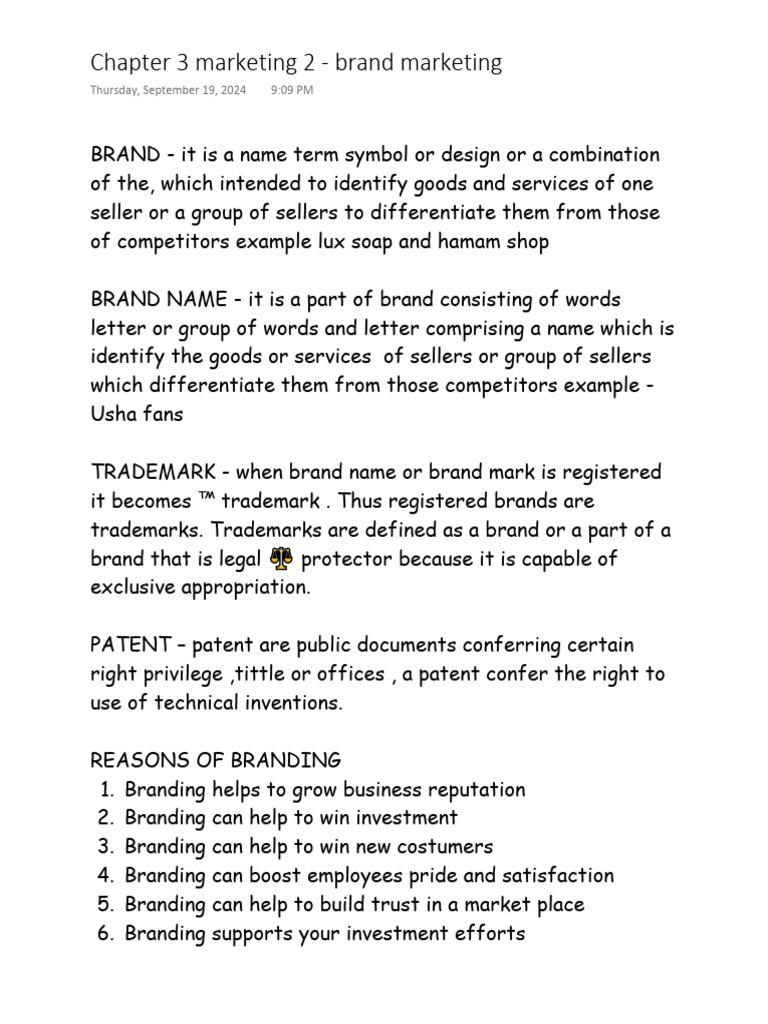 Notes Chapter 3 Marketing 2 | PDF | Brand | Marketing