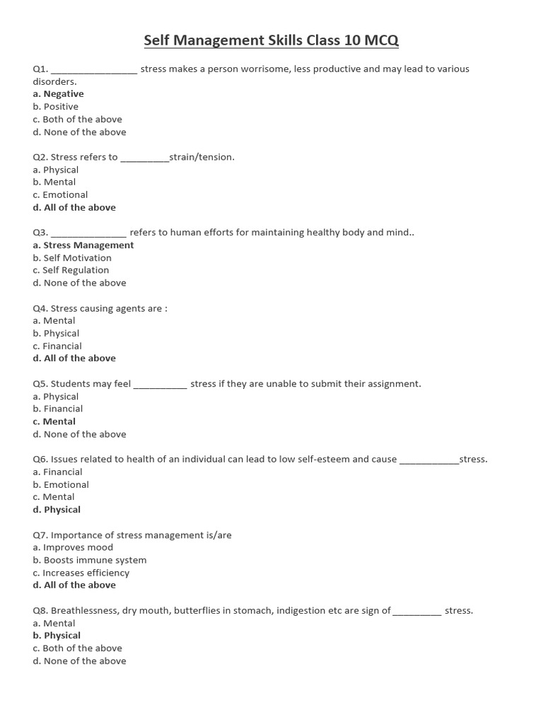 Class 10 Self Management Skills MCQs | PDF | Stress (Biology) | Hyperlink