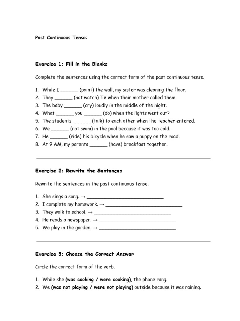 Past Continuous Tense Exercises | PDF