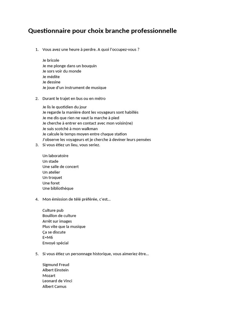 Questionnaire d'orientation professionnelle | PDF
