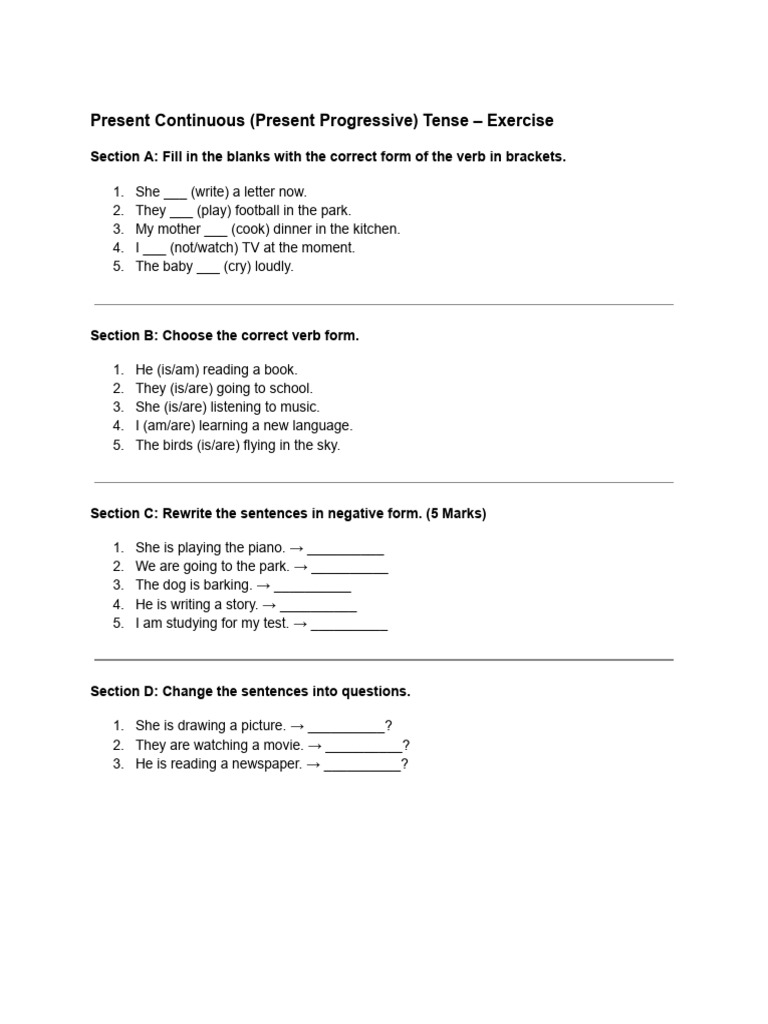 Present Continuous (Present Progressive) Tense - Exercise | PDF