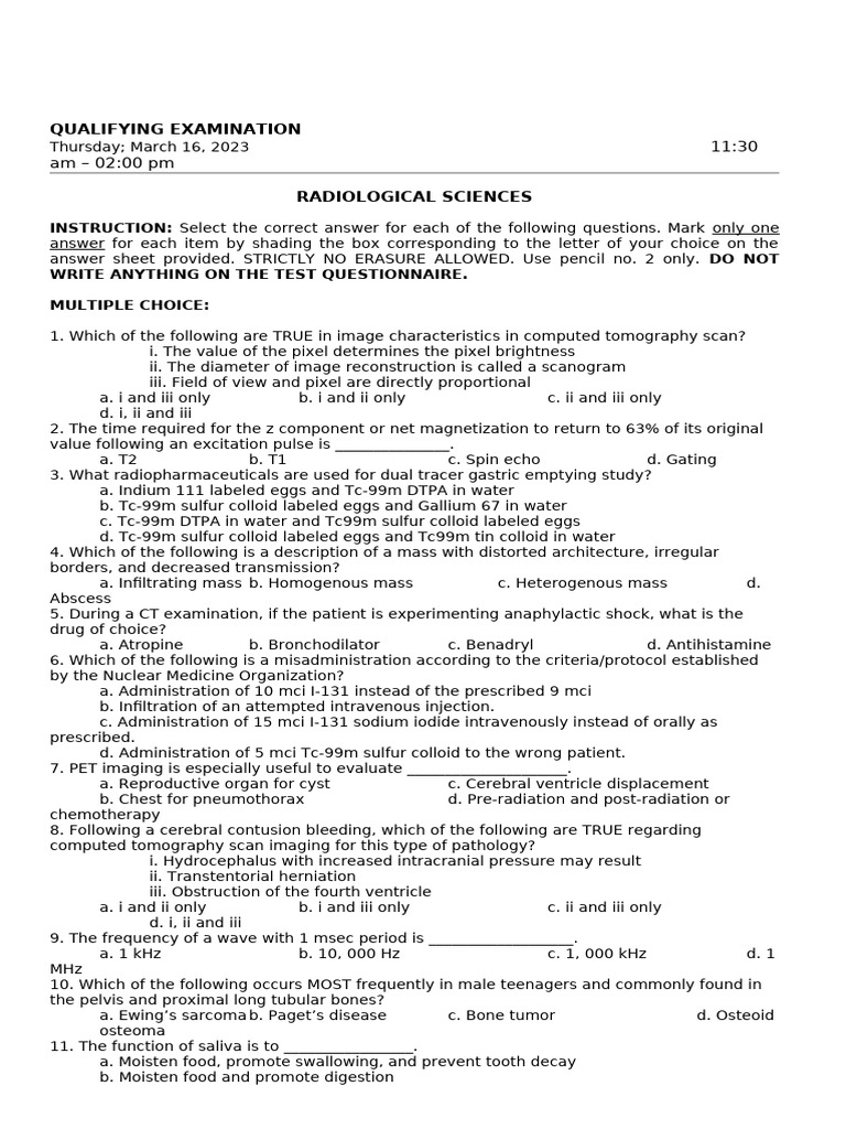 Radiological Sciences Qualifying Exam 2023 | PDF | Ct Scan | Medical ...