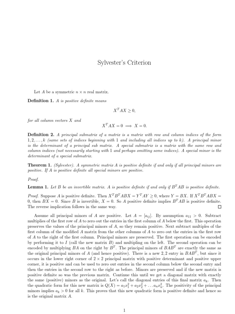 Sylvester's Criterion for Positive Definiteness | PDF | Matrix ...