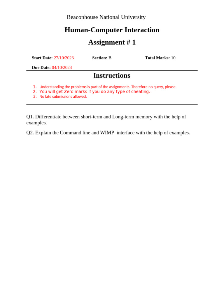 HCI Assignment: Memory & Interfaces | PDF