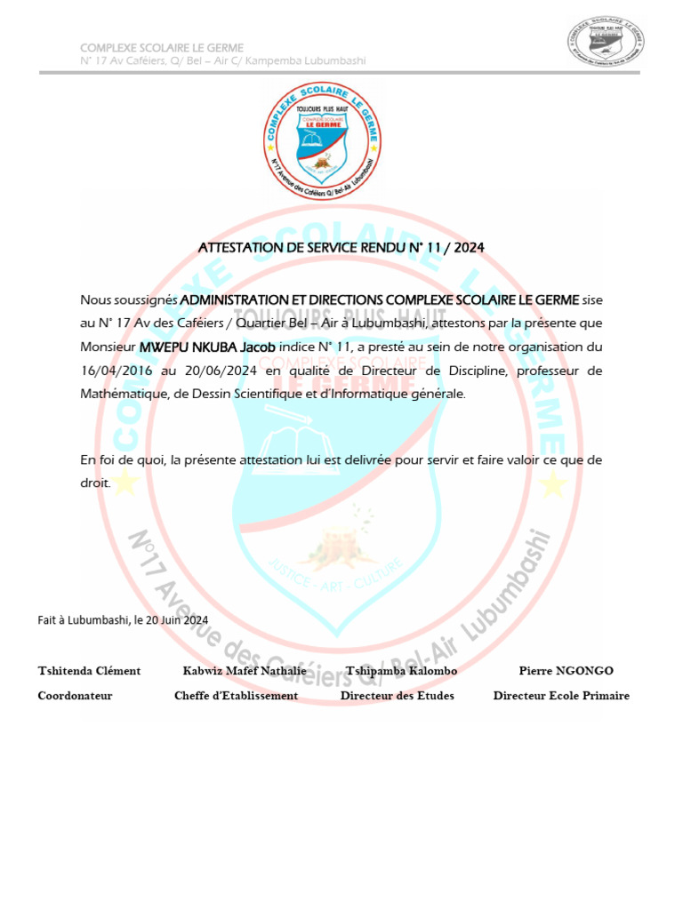 Attestation de Service Rendu | PDF