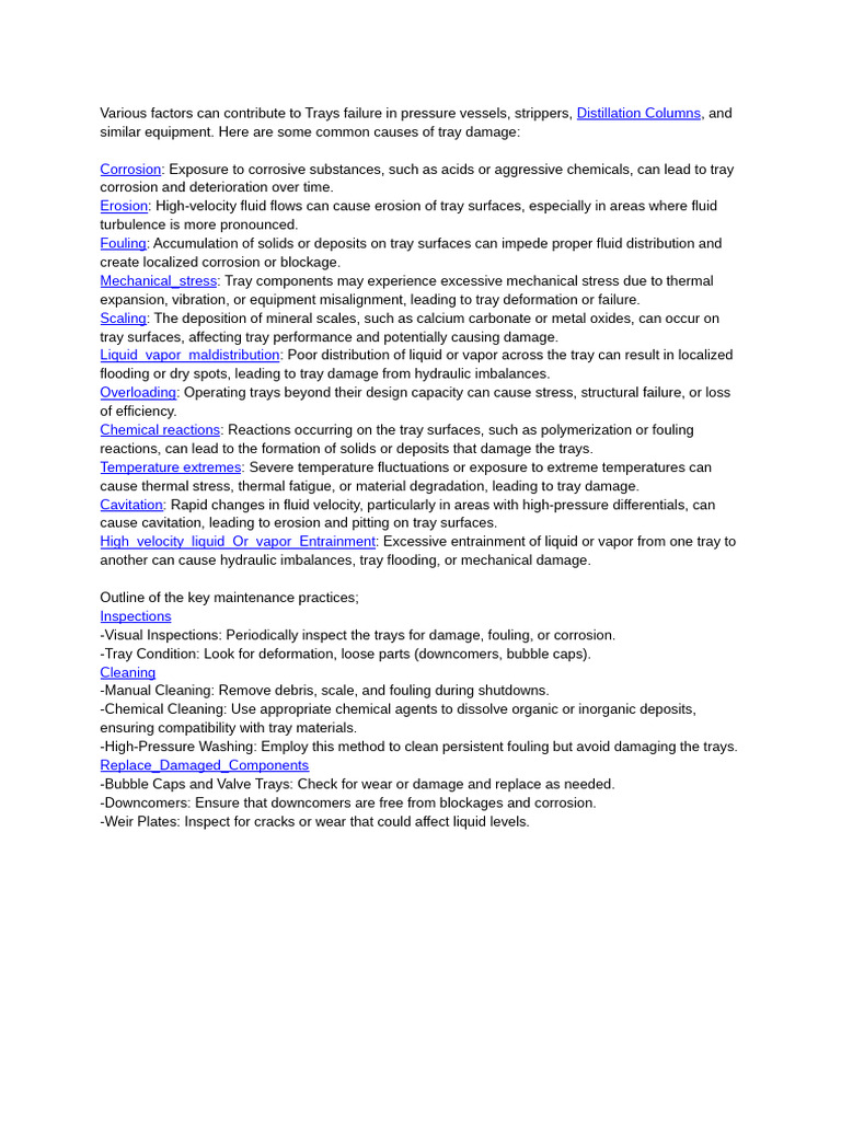 Causes of Tray Failure in Distillation Columns | PDF | Corrosion | Wear