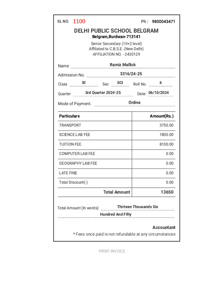 Invoice for Class XI Fees 2024-25 | PDF
