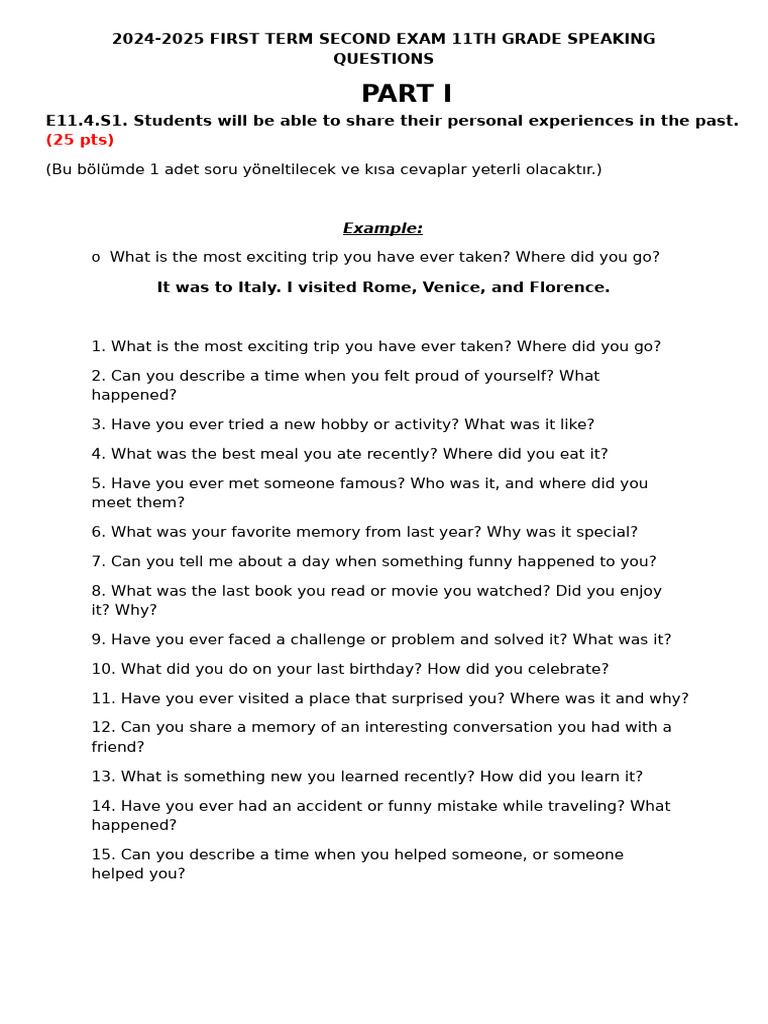 11th Grade Speaking Exam Questions | PDF