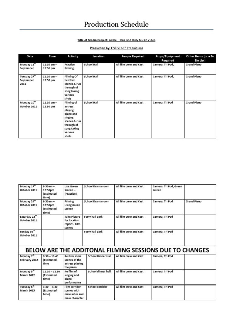 Adele Music Video Production Schedule | PDF | Language Arts ...