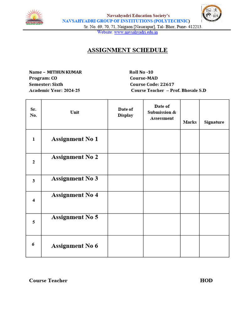 MAD Course Assignment Schedule 2024-25 | PDF