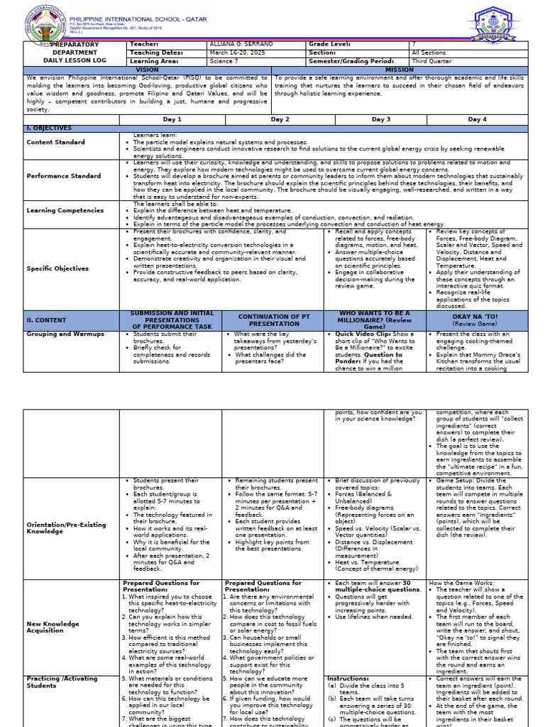 Science 7 Daily Lesson Log: March 2025 | PDF | Force | Learning
