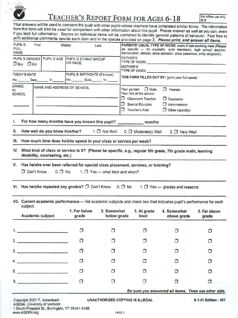 Teacher Report From | PDF