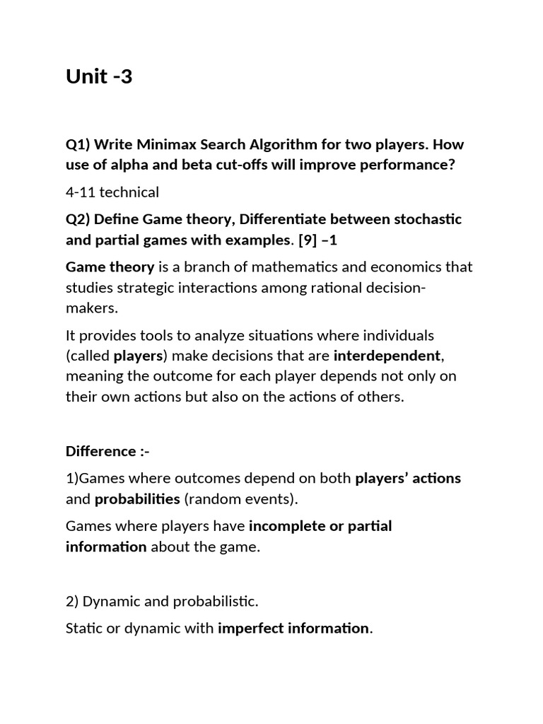 Stochastic vs Partial Games in AI | PDF | Game Theory | Algorithms And ...
