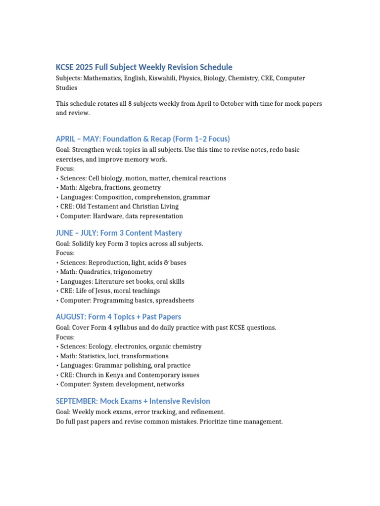 KCSE 2025 Weekly Revision Schedule | PDF | Mathematics | Chemistry