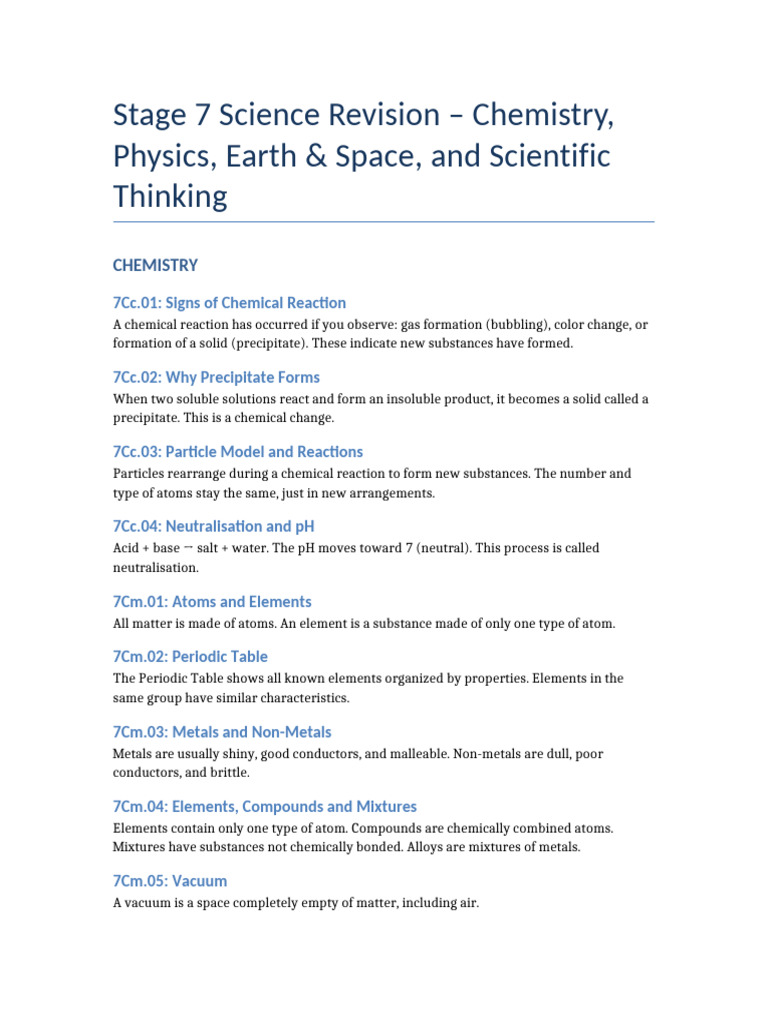 Stage 7 Science Revision Guide | PDF | Earth | Chemical Substances