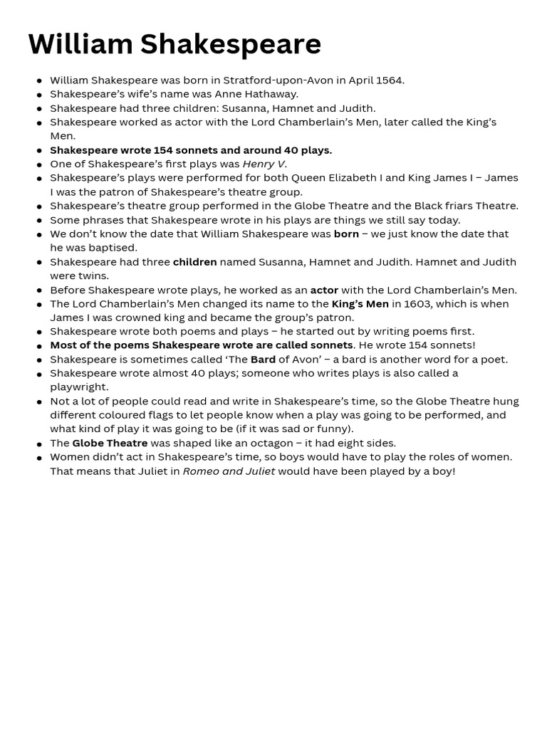 Shakespeare: Life and Legacy Facts | PDF
